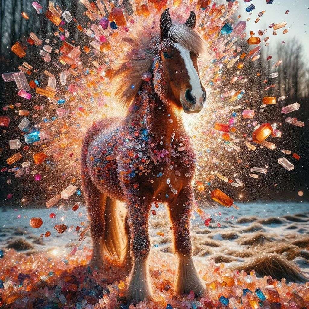 a horse, covered in exploding crystals